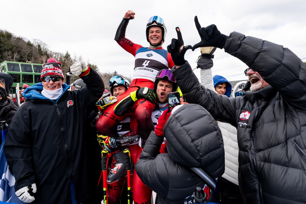 (Eli Rehmer | Utah Athletics) University of Utah skier Johs Braathen Herland is lifted in celebration during the NCAA Ski National Championship at Dartmouth Skiway in Lyme Center, New Hampshire, on Friday, March 07, 2025.
