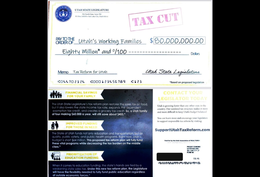 (Courtesy photo) The Utah Association of Realtors this week sent out about 90,000 mailers in support of the ongoing tax reform effort in the Utah Legislature. It says it will cease using the state seal on any future materials.