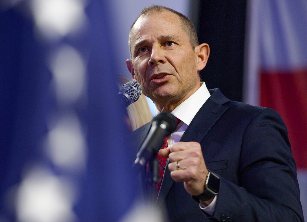 (Leah Hogsten  |  The Salt Lake Tribune) Incumbent John Curtis, of Utah's 3rd Congressional District, delivers his speech at the Utah Republican Nominating Convention April 21, 2018.