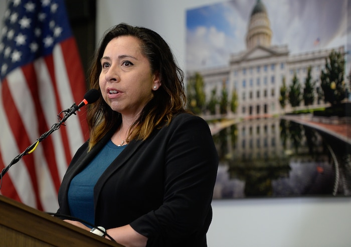 (Francisco Kjolseth | The Salt Lake Tribune) Rep. Angela Romero, D-Salt Lake, sponsor of House Bill 200 which passed in 2017 and implements funding to create a statewide sexual assault kit tracking system that will allow survivors to monitor their rape kits in real time, discusses progress being made during a press event at the Calvin Rampton Complex in Taylorsville on Wed. June 6, 2018. A new tracking system provides sexual assault survivors with the ability to anonymously track the location and status of their Sexual Assault Kit from point of collection through forensic analysis.