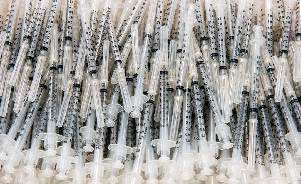 (Rick Egan | The Salt Lake Tribune)   Syringes for Utah County residents to get their COVID-19 vaccinations in a former Shopko store in Spanish Fork, Wednesday, Jan. 27, 2021.