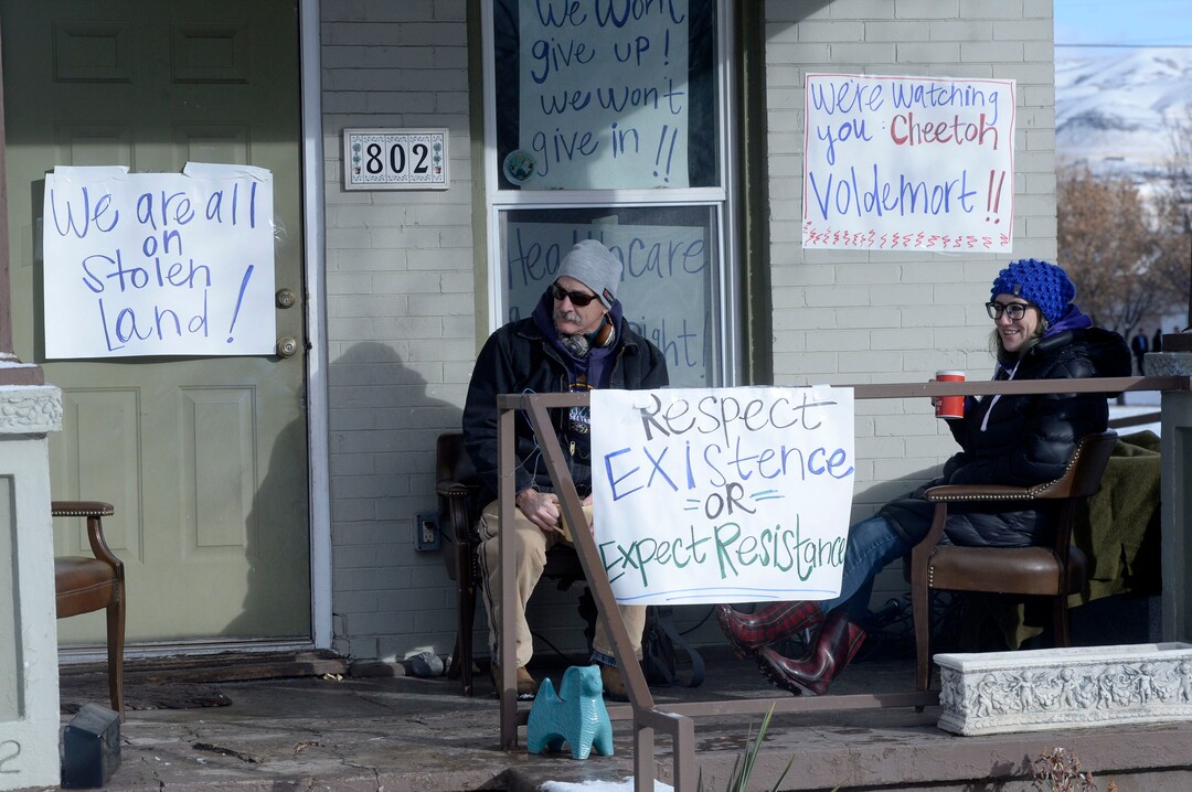 (Al Hartmann  |  The Salt Lake Tribune) 	House near LDS Welfare Square at 800 S. 800 W. prepares for President Trump's motorcade with protest signs Monday Dec. 4.  Trump is to visit Welfare Square with leaders of LDS Church before heading to the Utah Capitol where he is expected to shrink Bear's Ears and Grandstaircase National Monuments. 