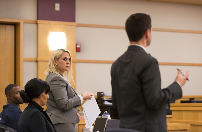 Samuel Brown  |  Pool Photo

County prosecutor Spencer Walsh stands in objection to Torrey Green's attorney, Rhiannon Mann, for her line of questioning during the first of Green's three-day preliminary hearings. Green is charged with six counts of rape, one count of aggravated kidnapping, three counts of forcible sex abuse and two counts of object rape. 