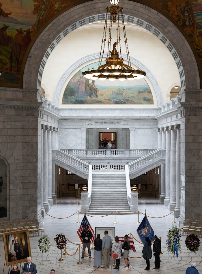 (Francisco Kjolseth | The Salt Lake Tribune) Mourners visit the casket carrying former U.S. Sen. Orrin Hatch at the Utah Capitol on Wednesday, May 4, 2022.
