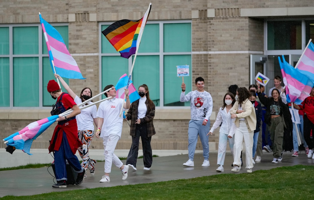 (Francisco Kjolseth | The Salt Lake Tribune) East High school students organize a walkout on Friday, April 15, 2022, to protest HB11, which bans transgender girls from participating in female school sports. In the same spirit of the West High walkout last week, students took a stand to speak out against the bill which they found discriminatory and hurtful to transgender youth in the state.