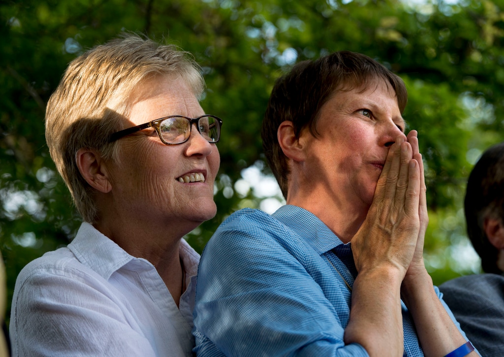 Steve Griffin  |  The Salt Lake Tribune 

Plaintiffs Laurie Wood and Kody Partridge listen to speakers as they join Utah Unites for Marriage at City Creek Park in Salt Lake City, Wednesday, June 25, 2014, to celebrate the historic decision in Kitchen v. Herbert and stepping-stone toward the freedom to marry.