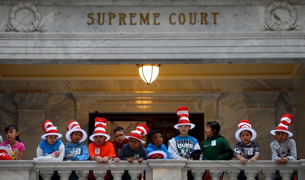 Steve Griffin | The Salt Lake Tribune
Elementary school children where Cat in the Hat hats as they visit the State Capitol in Salt Lake City Friday March 3, 2017. The UEA (Utah Education Association) sponsored the event to coincide with birthday celebrations for Dr. Seuss.