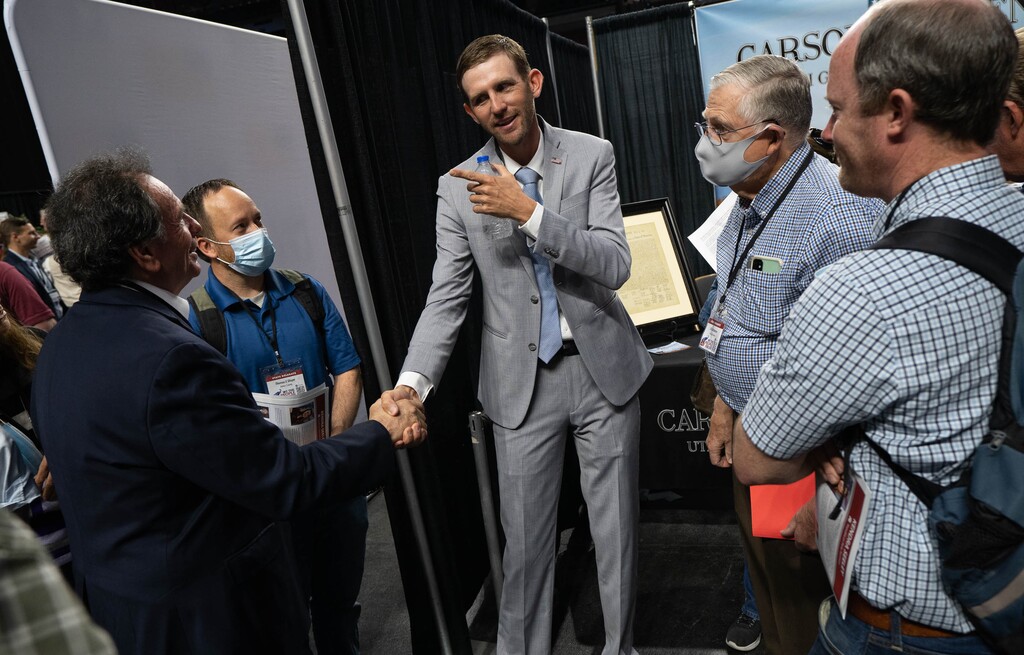 (Francisco Kjolseth | The Salt Lake Tribune) Carson Jorgensen running for Utah Party Chair, speaks with delegates attending the Utah Republican Party’s 2021 Organizing Convention at the Maverik Center in West Valley City on Saturday, May 1, 2021.