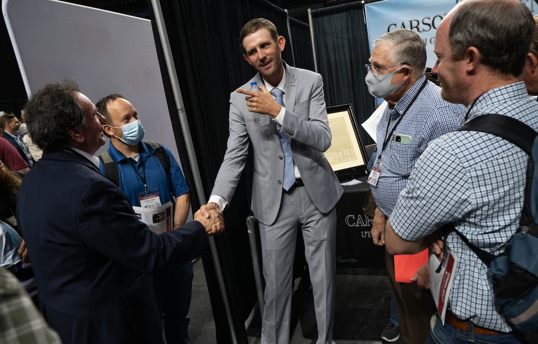 (Francisco Kjolseth | The Salt Lake Tribune) Carson Jorgensen running for Utah Party Chair, speaks with delegates attending the Utah Republican Party’s 2021 Organizing Convention at the Maverik Center in West Valley City on Saturday, May 1, 2021.