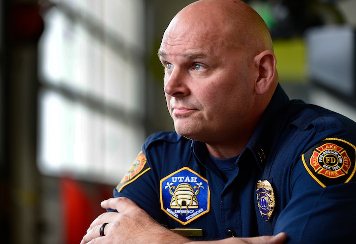 (Scott Sommerdorf | The Salt Lake Tribune)
Capt. Mike Stevens speaks during an interview at Fire Station 12 near the Salt Lake International Airport, Thursday, May 10, 2018.
Stevens was once suicidal, a reaction to accumulated traumas he had witnessed on the job. He's now pushing other first responders to consider their mental health.