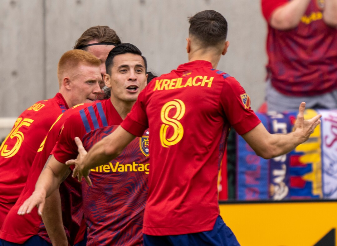 (Rick Egan | The Salt Lake Tribune) Real Salt Lake forward Rubio Rubin (14) celebrates with Real Salt Lake midfielder Damir Kreilach (8) after Rubin scored his second goal of the day, in MLS action between Real Salt Lake and Sporting Kansas City at Rio Tinto Stadium, on Saturday, May 1, 2021.