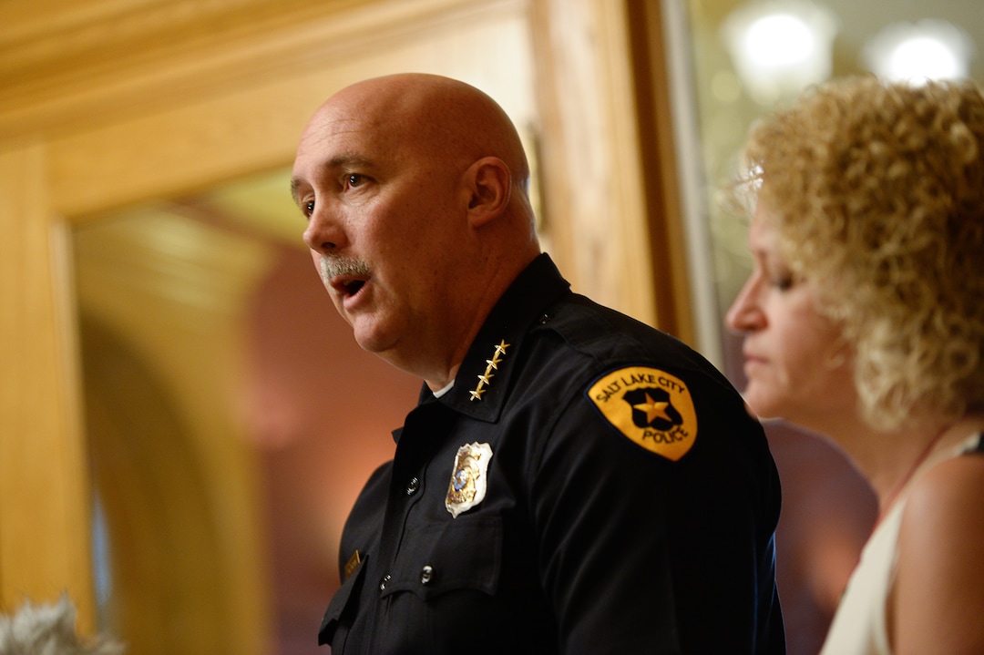 (Francisco Kjolseth  |  The Salt Lake Tribune)  Salt Lake City's Police Chief Mike Brown and Mayor Jackie Biskupski hold a press conference at the City and County building on Friday, Sept. 1, 2017, to apologize for an officer handcuffing a hospital nurse for refusing a blood draw from an unconscious patient.