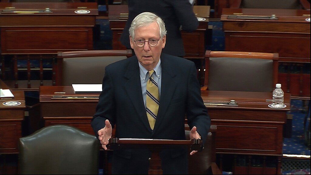 (Senate Television via AP)
In this image from video, Senate Minority Leader Mitch McConnell of Ky., speaks after the Senate acquitted former President Donald Trump in his second impeachment trial in the Senate at the U.S. Capitol in Washington, Saturday, Feb. 13, 2021.