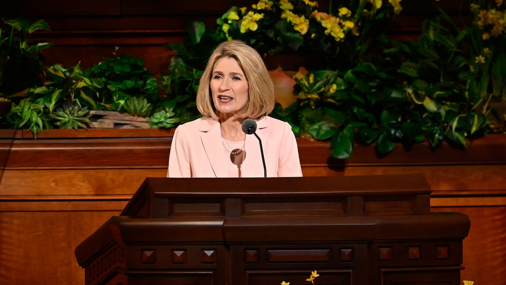 (The Church of Jesus Christ of Latter-day Saints)
President Camille N. Johnson, head of the church's global Relief Society, speaks at General Conference on Palm Sunday, April 2, 2023. She was one of two female speakers at the spring General Conference.