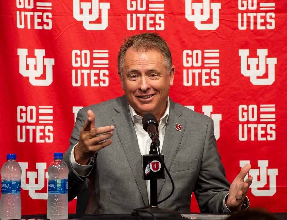 (Chris Samuels | The Salt Lake Tribune) University of Utah president Taylor Randall speaks during a news conference at Rice-Eccles Stadium after announcing the school’s entrance to the Big 12 Conference, Monday, Aug. 7, 2023.