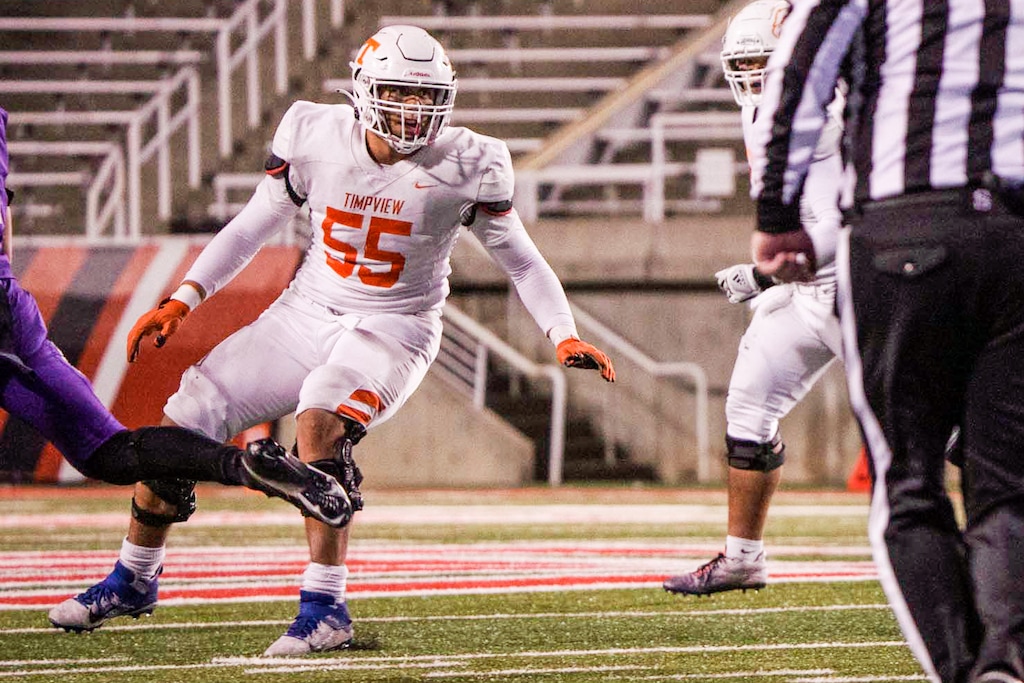 (Trent Nelson | The Salt Lake Tribune) Timpview's Spencer Fano (55) as Timpview faces Lehi in the 5A high school football championship game at Rice-Eccles Stadium in Salt Lake City on Friday, Nov. 18, 2022.