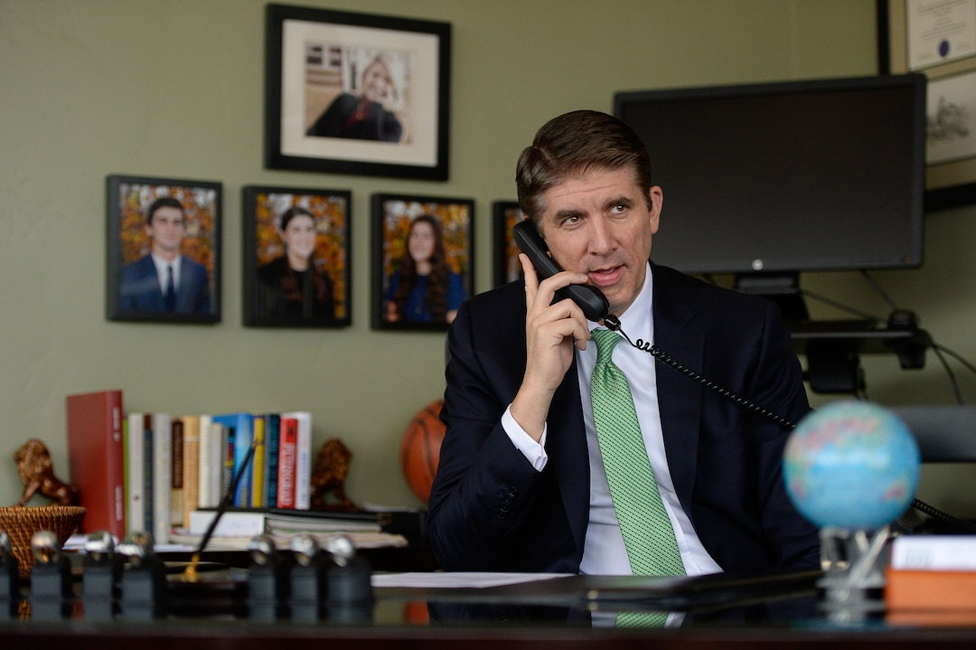 (Francisco Kjolseth  |  The Salt Lake Tribune)  Utah Valley University President Matthew S. Holland takes a news radio interview on Monday, Nov. 6, 2017, following his announced calling as an LDS mission president. Holland's last day as UVU president will be in early June of 2018. 