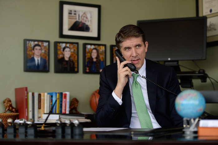 (Francisco Kjolseth | The Salt Lake Tribune) Utah Valley University President Matthew S. Holland takes a news radio interview on Monday, Nov. 6, 2017, following his announced calling as an LDS mission president. Holland's last day as UVU president will be in early June of 2018.