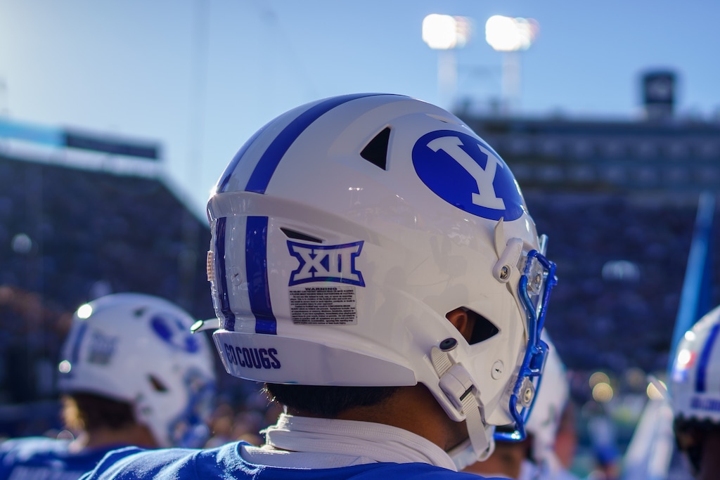 (Trent Nelson  |  The Salt Lake Tribune) The Big 12 Conference logo on a BYU helmet as as BYU hosts Texas Tech, NCAA football in Provo on Saturday, Oct. 21, 2023.