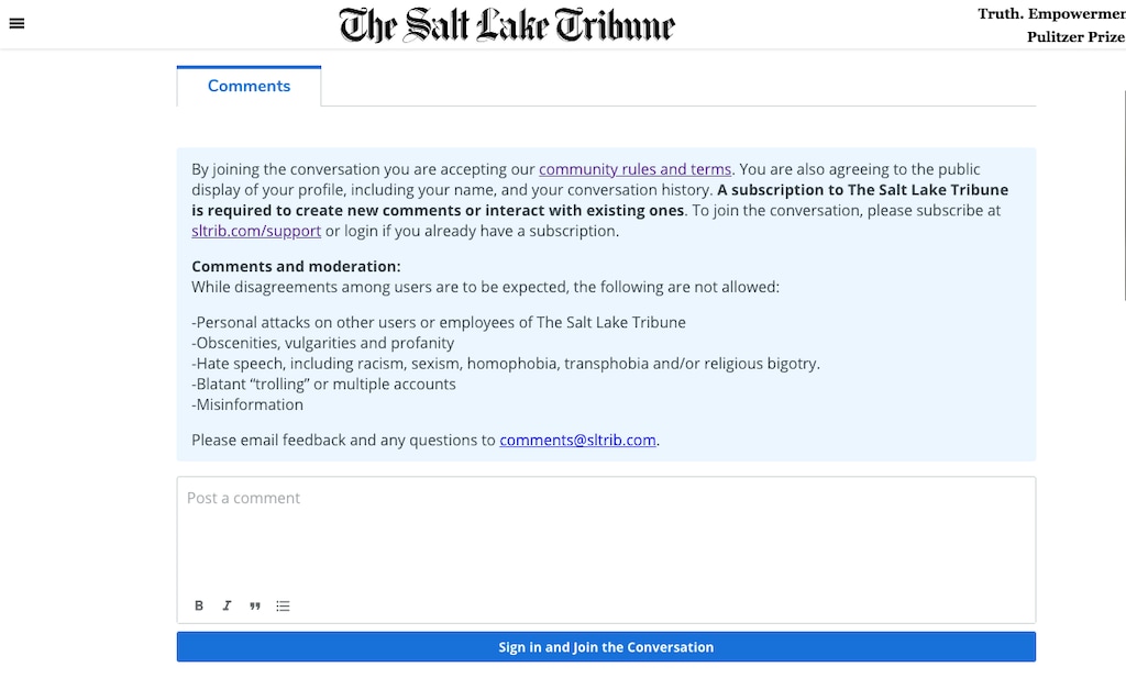 (The Salt Lake Tribune) Coral will be the new platform used by The Salt Lake Tribune for its comment section.