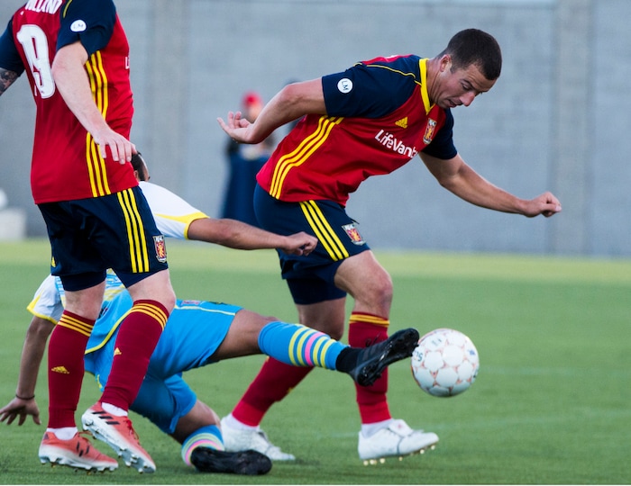 (Rick Egan  |  The Salt Lake Tribune)     Real Monarchs defender Kalen Ryden (52) tries to get the ball past Las Vegas Lights FC forward Isaác Díaz (8), in soccer action between the Real Monarchs and Las Vegas Lights FC at the new Zions Bank Stadium in, Herriman, Monday, April 30, 2018.


