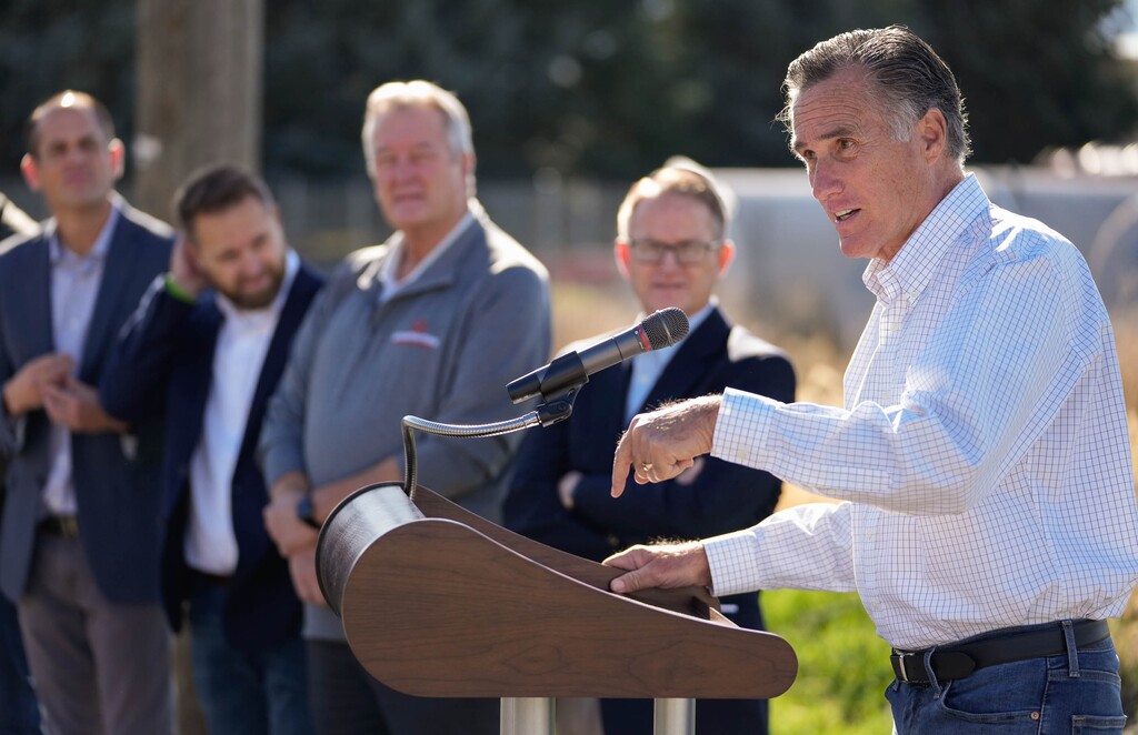 (Francisco Kjolseth | The Salt Lake Tribune) Sen. Mitt Romney, right, joins Utah water managers and state leaders following a tour of a Central Utah Water Completion Act (CUPCA) construction site in South Utah County on Friday, Nov. 12, 2021. The recent infrastructure bill directs $50 million toward this project, which moves water from the Colorado River Basin to Wasatch Front cities.