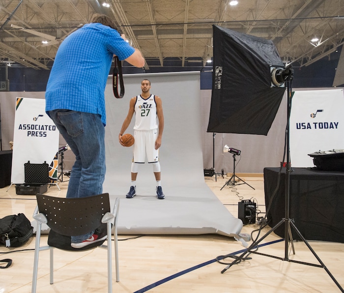 (Rick Egan  |  The Salt Lake Tribune)  Utah Jazz center Rudy Gobert poses for photos, during the Utah Jazz media day, at the Zions Bank Basketball Center, Monday, September 25, 2017.


