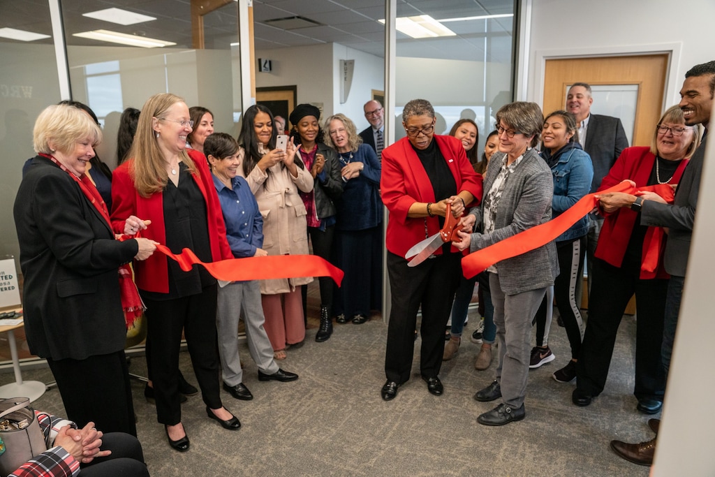 (University of Utah) Pictured at the center is Debra Daniels, the former director of the U.'s Women's Resource Center, who died on Aug. 14, 2026. This photo is from March 3, 2020, when the U. unveiled a newly renovated center.