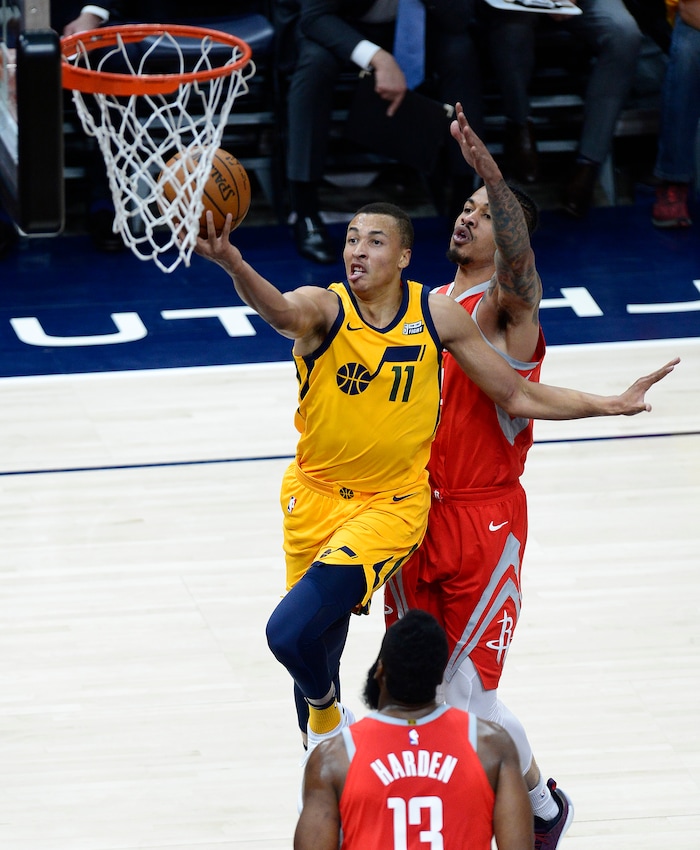 (Scott Sommerdorf | The Salt Lake Tribune)
Utah Jazz guard Dante Exum (11) drives in for a layup during first half play. The Rockets led the Jazz 58-48 at the half, Sunday, May 6, 2018.