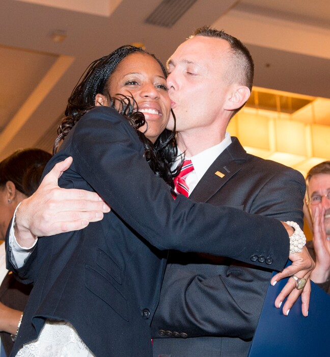 Steve Griffin  |  The Salt Lake TribuneMia Love gets a kiss from her husband Jason after defeating opponent Doug Owens in the race for Utah's 4th Congressional District, Tuesday November 4, 2014.