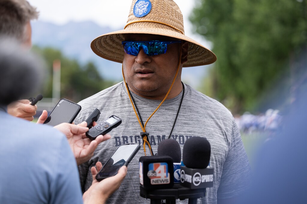 (Jaren Wilkey | BYU) Head coach Kalani Sitake speaks to media after the first day of BYU football fall camp in Provo, Tuesday, Aug. 1, 2023.