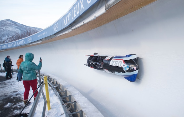 (Rick Egan  |  The Salt Lake Tribune)  Nick Cunningham, Ryan Bailey, Christopher Kinney, and Samuel Michener, from USA,  make their first run in the BMW IBSF World Cup 4-Man Bobsleigh competition. Saturday, November 18, 2017.