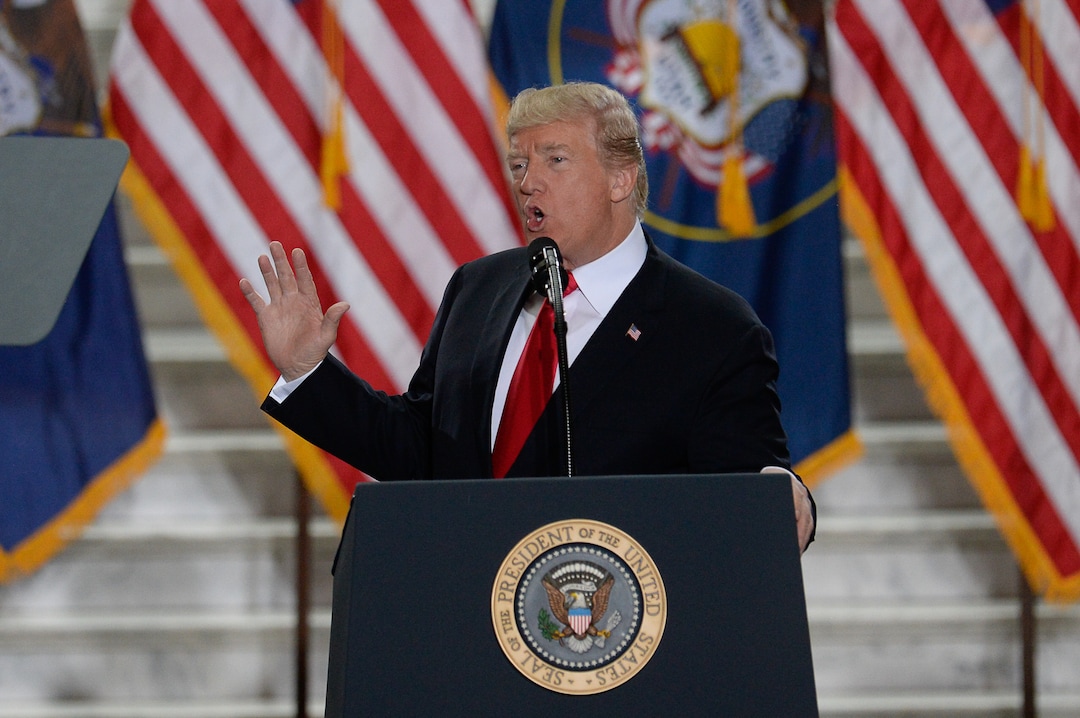 (Francisco Kjolseth  |  The Salt Lake Tribune)  U.S. President Donald Trump takes the stage at the Utah Capitol on Monday, Dec. 4, 2017, to sign a presidential proclamation to shrink Bears Ears and Grand Staircase-Escalante national monuments.