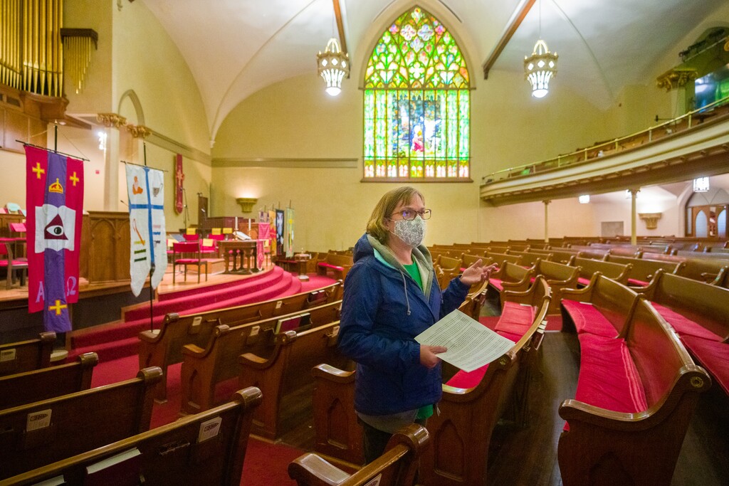 (Trent Nelson  |  The Salt Lake Tribune) Pastor Chris Myers-Tegeder leads a tour of the First Presbyterian Church in Salt Lake City on Saturday, Oct. 23, 2021.