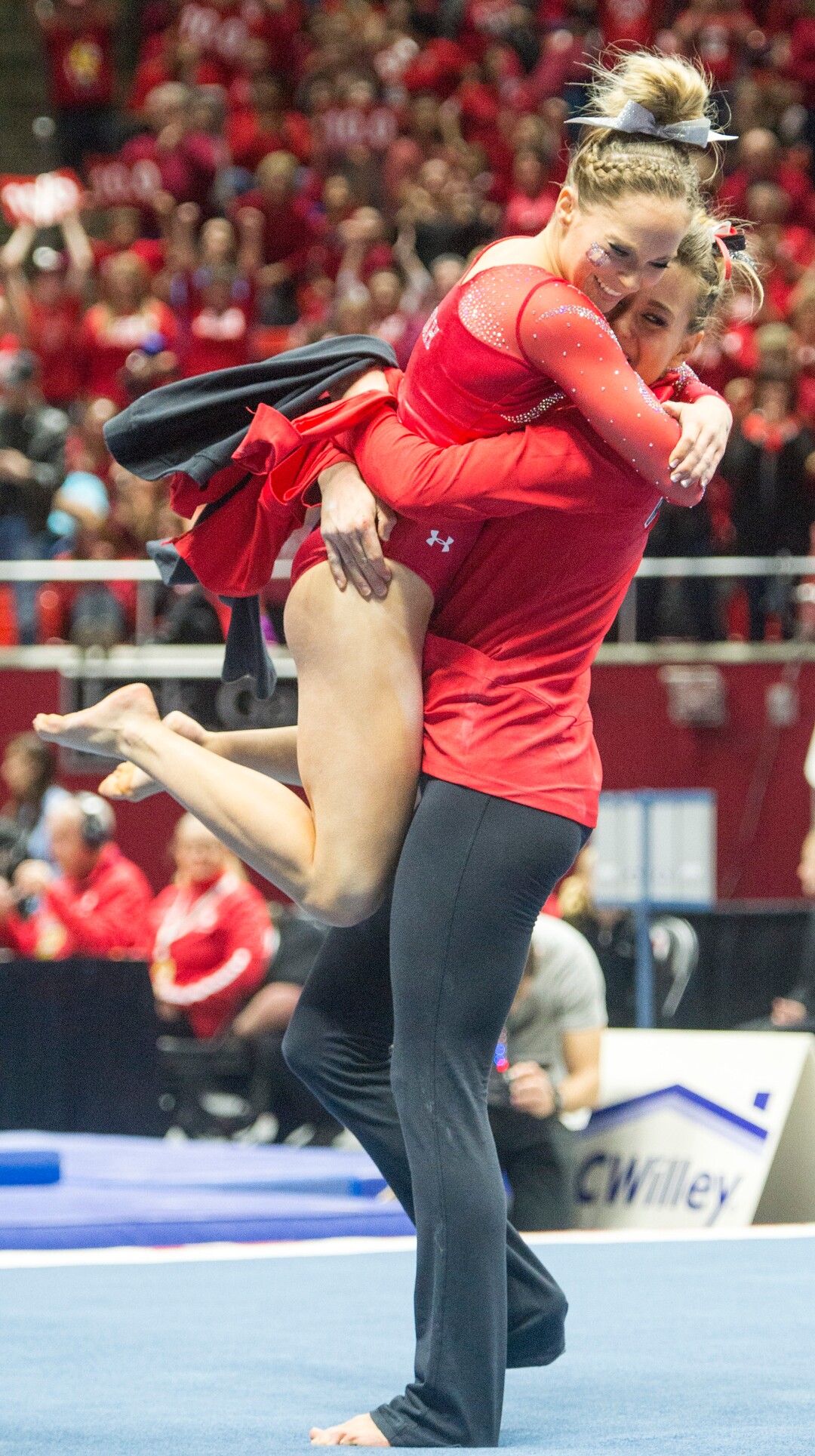 Rick Egan  |  The Salt Lake TribuneMyKayla Skinner gets a hug from a team mate, after her performance on the floor for the Utes, in gymnastics action, Utah vs UCLA, at the Huntsman Center, Saturday, February 18, 2017.