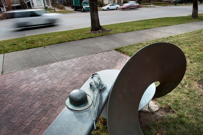 (Scott Sommerdorf   |  The Salt Lake Tribune)   
The bench at South Temple and T Street created by Utah sculptor Richard Johnston, Wednesday, December 20, 2017.  
