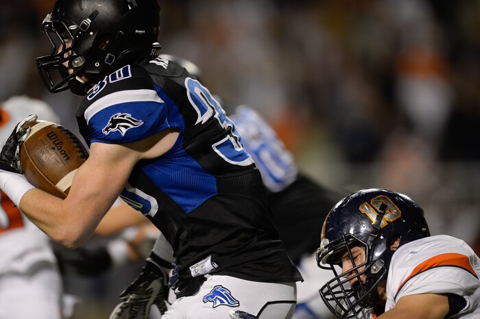 (Francisco Kjolseth  |  The Salt Lake Tribune)  Conner McKay of Stansbury puts down some yards over Mountain Crest in their class 4A semifinal game at Rice-Eccles Stadium, Thursday, Nov. 9, 2017.