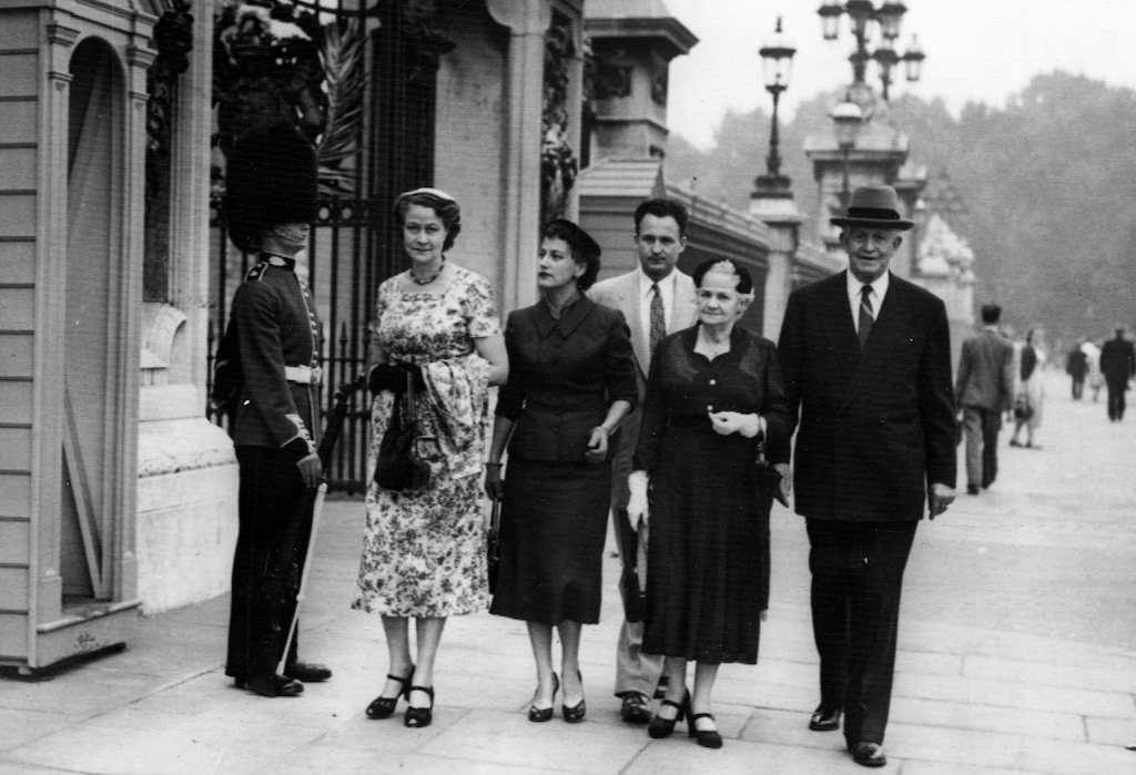 (The Salt Lake Tribune) Then-church President David O. McKay, right, outside Buckingham Palace in London with his family and secretary Clare Middlemiss, left, during a Tabernacle Choir tour of Europe in August 1955.