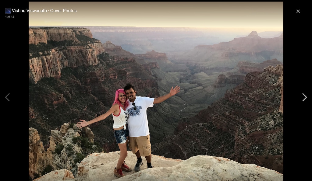 (Facebook) Meenakshi Moorthy and Vishnu Viswanath posted this photograph from the North Rim of the Grand Canyon to their Facebook page in August 2017. In October 2018, the couple’s bodies were discovered after tourists came across their abandoned camera equipment at the top of Taft Point, a granite outcropping 1,000 feet above the floor of Yosemite Valley. It is unclear whether the couple died while taking a selfie, as has been reported — though it would not be the first time that has happened in the park.