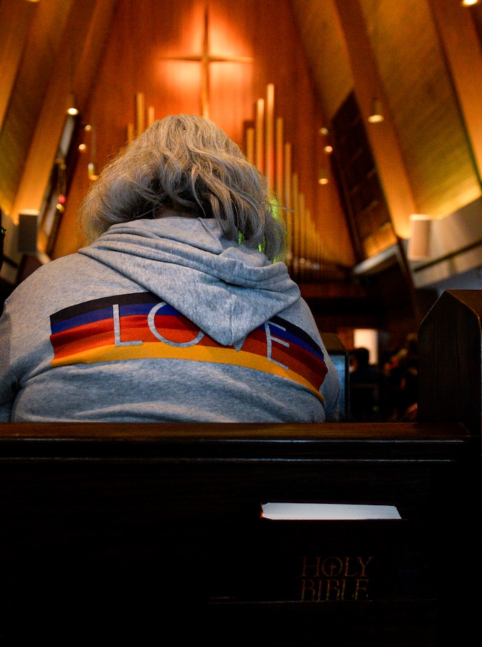 Leah Hogsten | The Salt Lake Tribune Barbara Jolley, member of Christ United Methodist Church wore a rainbow sweatshirt during Sunday services, March 3, 2019 in a show of solidarity for its LGBTQ members. Last week in St. Louis, international delegates for the UMC voted to continue the faith’s ban on same-sex weddings and ordination of LGBTQ clergy. Many pastors and congregations in Utah and the U.S. were disappointed by the vote, which could ultimately cause a split in the ranks.