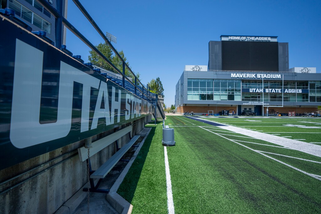 (Rick Egan | The Salt Lake Tribune)  Merlin Olsen Field at Maverick Stadium Utah State University, on Thursday, Aug. 1, 2024.