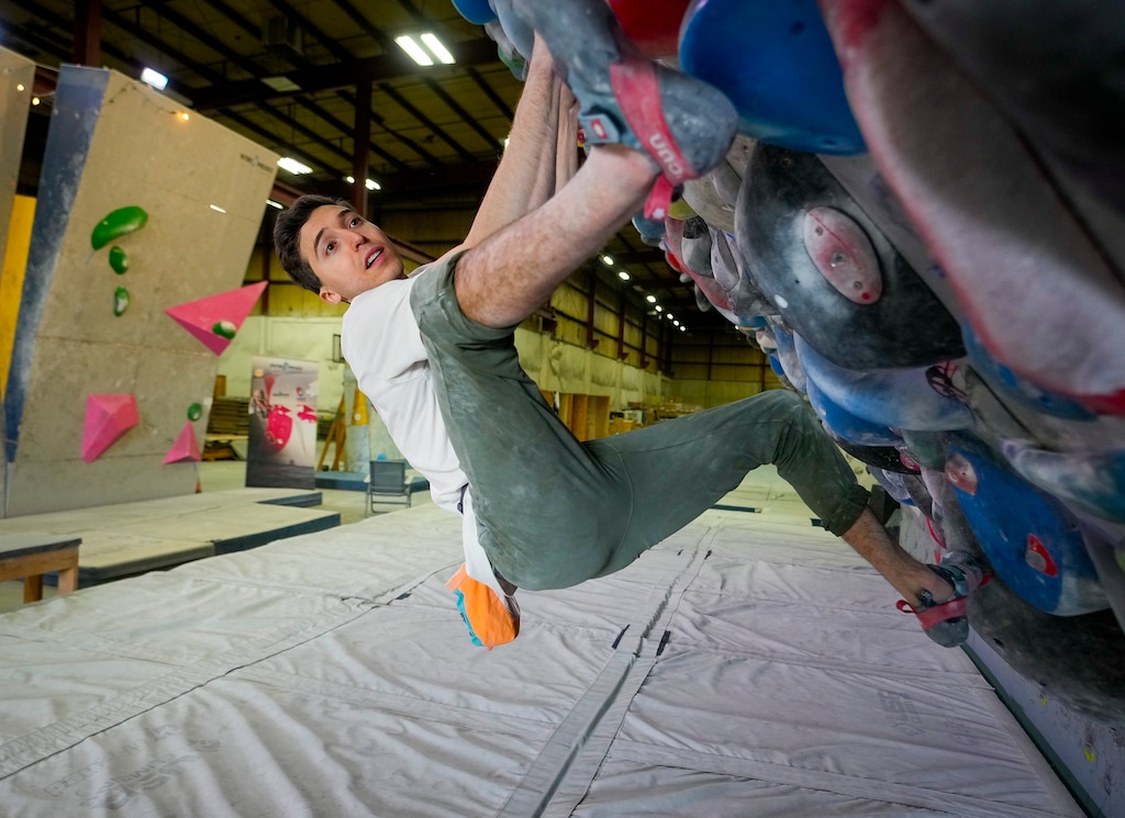 (Bethany Baker  |  The Salt Lake Tribune) Jesse Grupper, a professional climber for USA Climbing that will compete in the 2024 Olympics in Paris, practices at the current practice facility for USA Climbing in Salt Lake City on Thursday, Jan. 18, 2024.