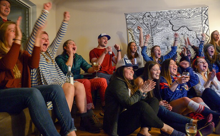 (Leah Hogsten | The Salt Lake Tribune) Westminster students and friends of first-time Olympian Darian Stevens gathered for a watch party in Sugar House to cheers as Stevens compete in her first qualifying ski slopestyle competition run Friday, Feb. 16, 2018 during the 2018 Pyeongchang Winter Olympics. Stevens is a graduate of the Park City Winter Sports School and a business major at Westminster.