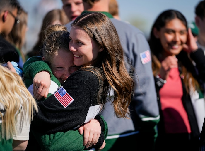 (Bethany Baker | The Salt Lake Tribune) Payson High School students react after Kevin Bacon spoke on stage at a charity event to commemorate the 40th anniversary of the movie "Footloose" on the football field of Payson High School in Payson on Saturday, April 20, 2024.