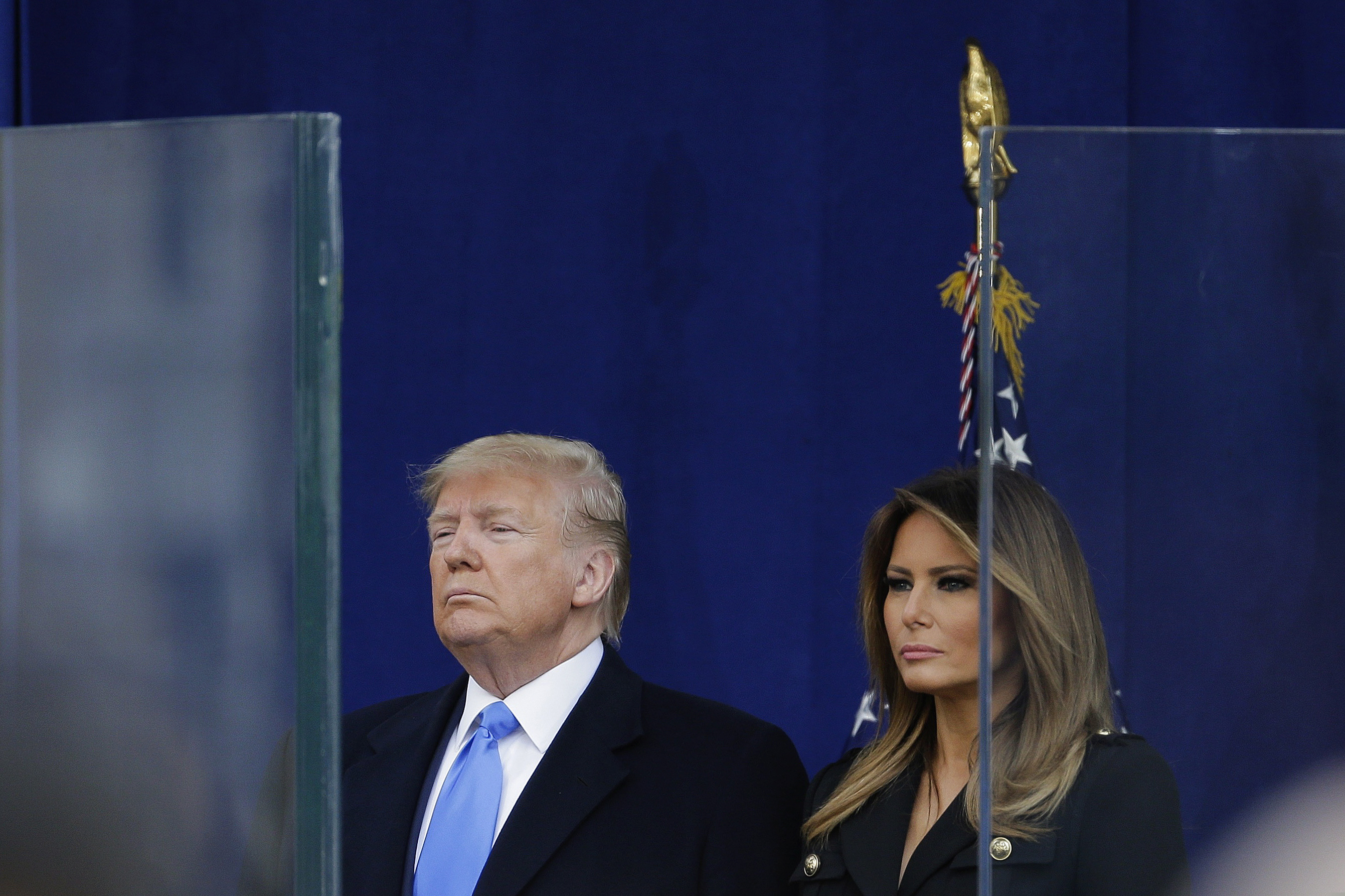President Donald Trump and first lady Melania Trump attend the kickoff for the New York City's 100th annual Veterans Day parade, Monday, Nov. 11, 2019, in New York. (AP Photo/Seth Wenig)