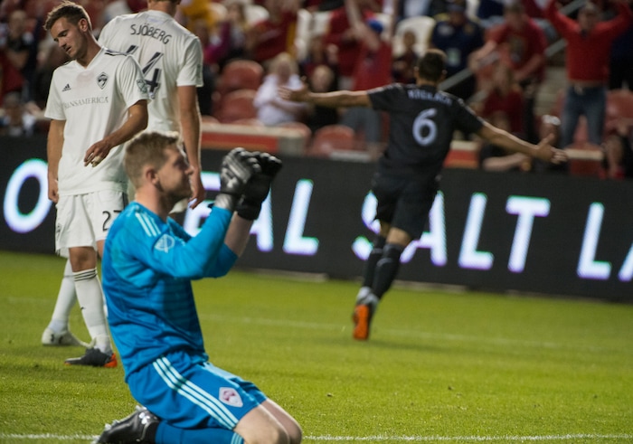 (Rick Egan  |  The Salt Lake Tribune)     Colorado Rapids defender Deklan Wynne (27) and Colorado Rapids defender Axel Sjoberg (44) and Colorado Rapids goalkeeper Zac MacMath (18) react as Real Salt Lake midfielder Damir Kreilach (6) celebrates his goal, in MLS soccer action, between Real Salt Lake and Colorado Rapids,  at Rio Tinto Stadium, Saturday, April 21, 2018.



