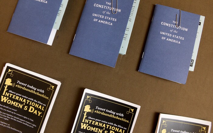 (Leah Hogsten | The Salt Lake Tribune) A KRCL radio station booth asked attendees to share their experience and offered Constitution booklets at Amplifying WomenÕs Voices rally to celebrate International WomenÕs Day at the Utah State Capitol Rotunda, hosted by KRCL Thursday, March 8, 2018.