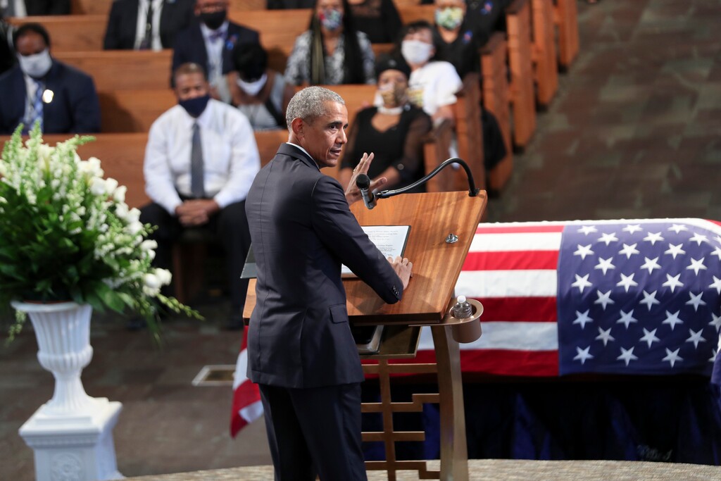 (Alyssa Pointer | Atlanta Journal-Constitution via AP)

Former President Barack Obama, addresses the service during the funeral for the late Rep. John Lewis, D-Ga., Thursday at the Ebenezer Baptist Church in Atlanta.