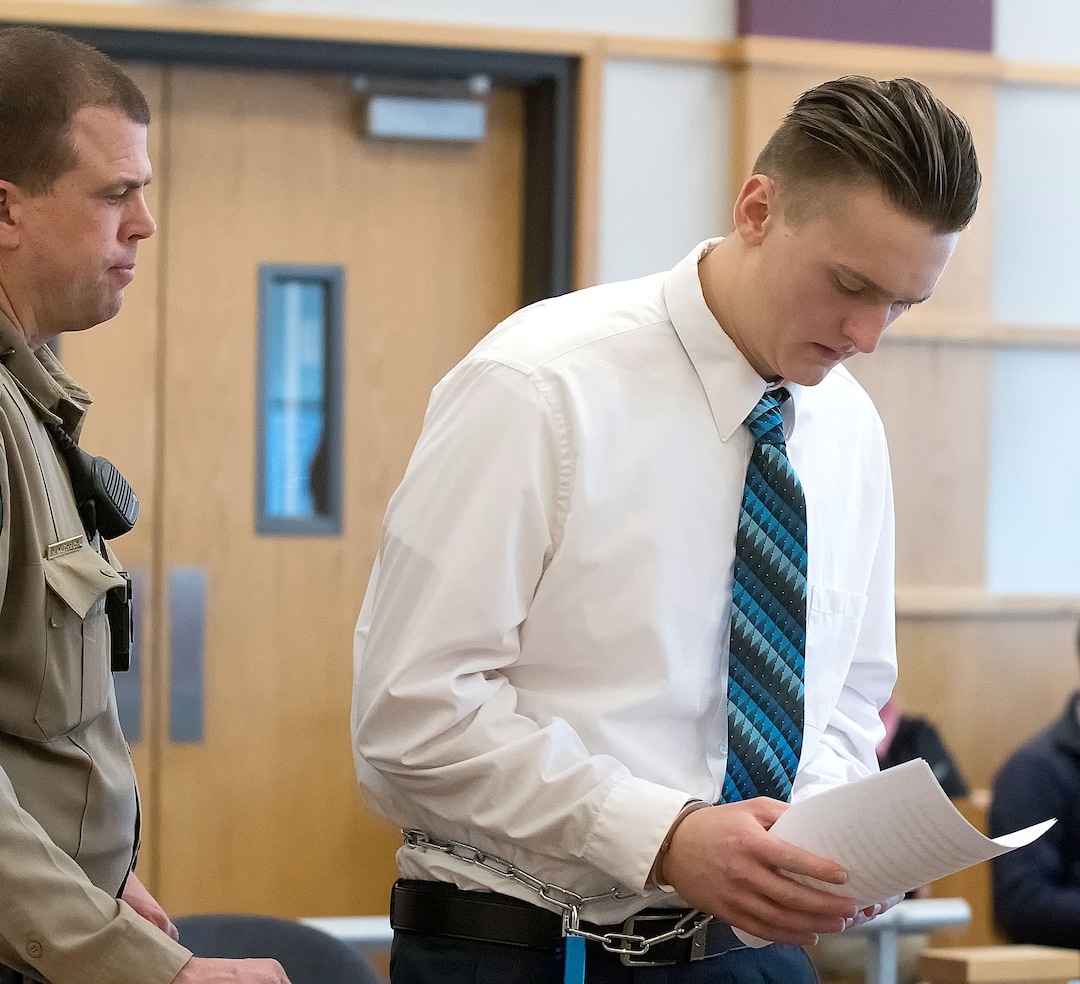 (Eli Lucero  |  Herald Journal, pool) Colter Peterson walks to the podium to speak during his sentencing hearing for attempted aggravated murder and robbery, Thursday, Feb. 1, 2018, in Logan, Utah. Peterson received a sentence of 15 years to life for shooting Deserae Turner in February 2017, and leaving her for dead in a dry irrigation canal in Smithfield, Utah.