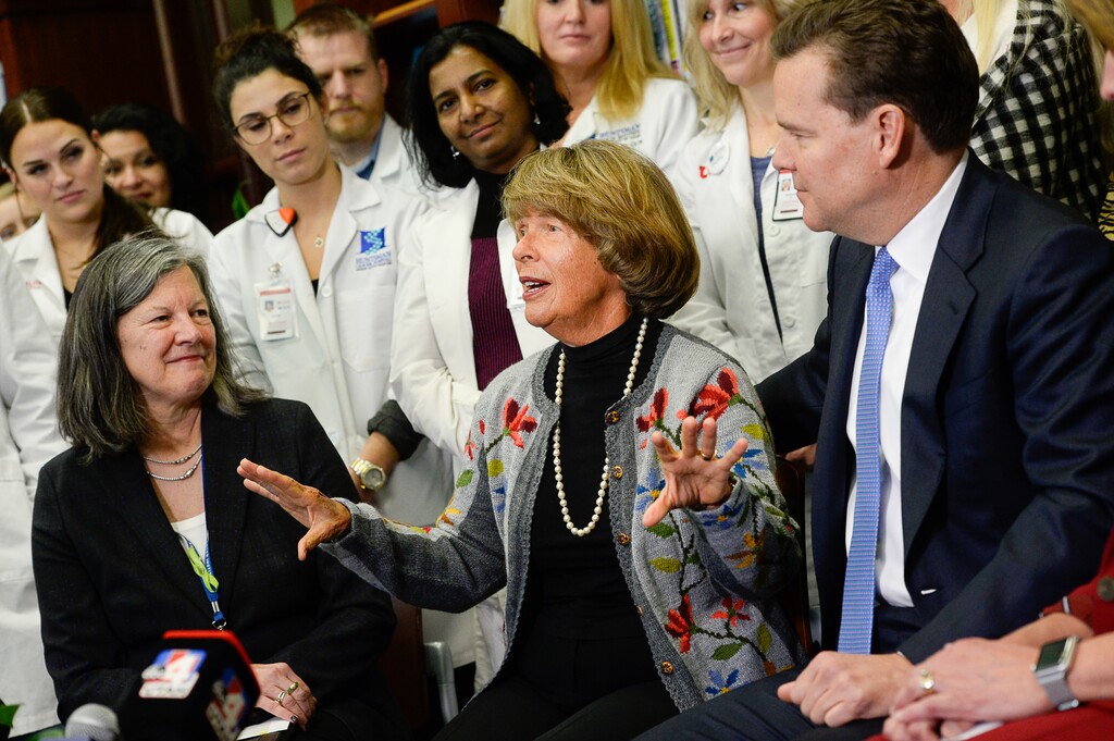 (Francisco Kjolseth  | Tribune file photo)  Karen Huntsman, Chairwoman, Huntsman Foundation, center talks during the 2019 announcment of a $30 million gift to the Huntsman Cancer Institute. Karen Huntsman is Utah's largest political donor during the 2019-2020 election cycle, with almost all of her donations going to her son, former Gov. Jon Huntsman.